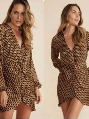Minkpink Printed Brown Wrap-Style Long-Sleeve Dress